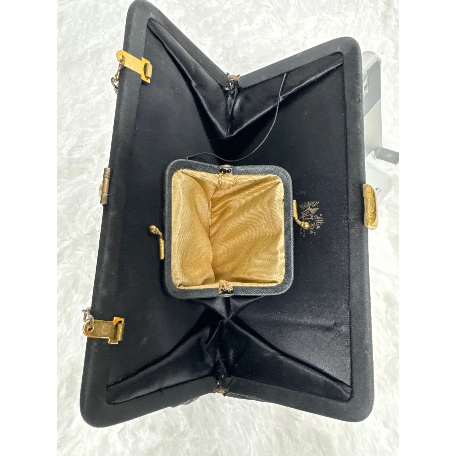 Vintage 50's After Five Black Satin Evening Bag w/ Rhinestone Clasp & Coin Purse - Image 8