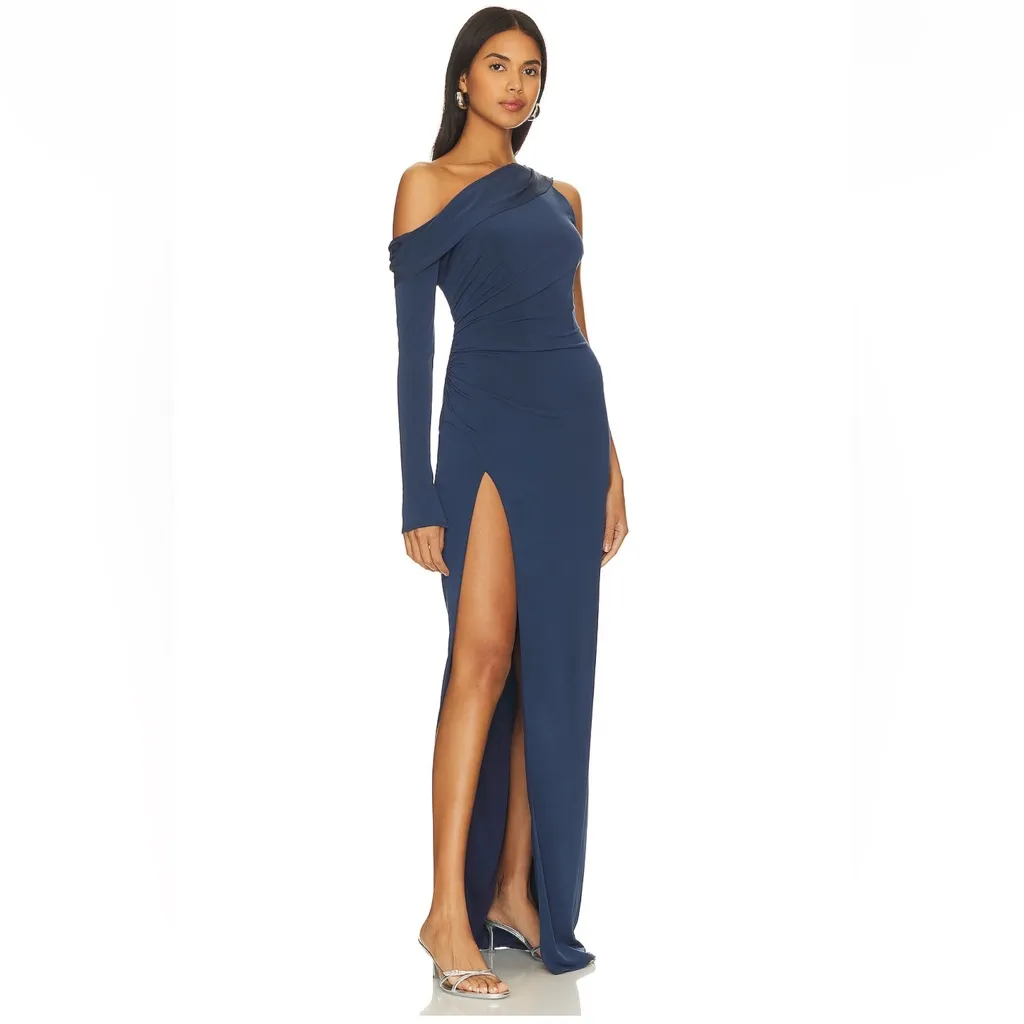 KATIE‎ MAY Deep Sea Blue MOJAVE Single Long Sleeve HIGH SLIT Ruched GOWN XS - Image 4