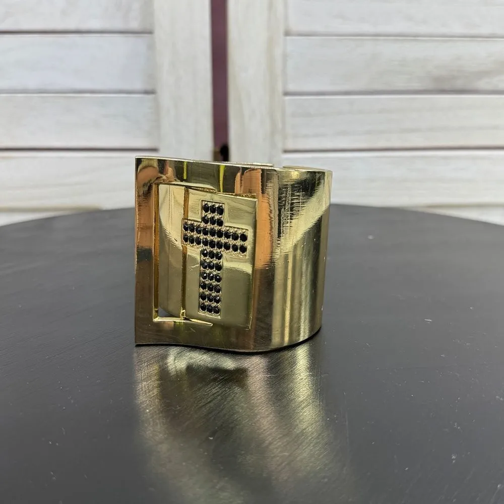 Gold Metal Black Rhinestone Cross Cuff Bracelet Chunky Wide - Image 3