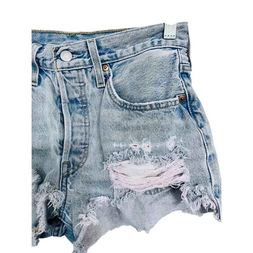 Levi Strauss 501 Distressed Denim Jeans Shorts Size 27" Blue Boho Western Casual - Image 3
