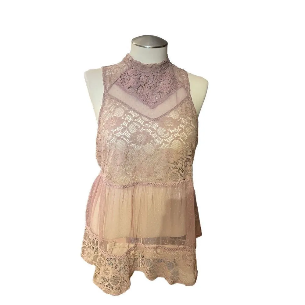 Boutique Lace Flowy Crochet Sleeveless Blouse Size OX, Blush Pink NWT - Image 2