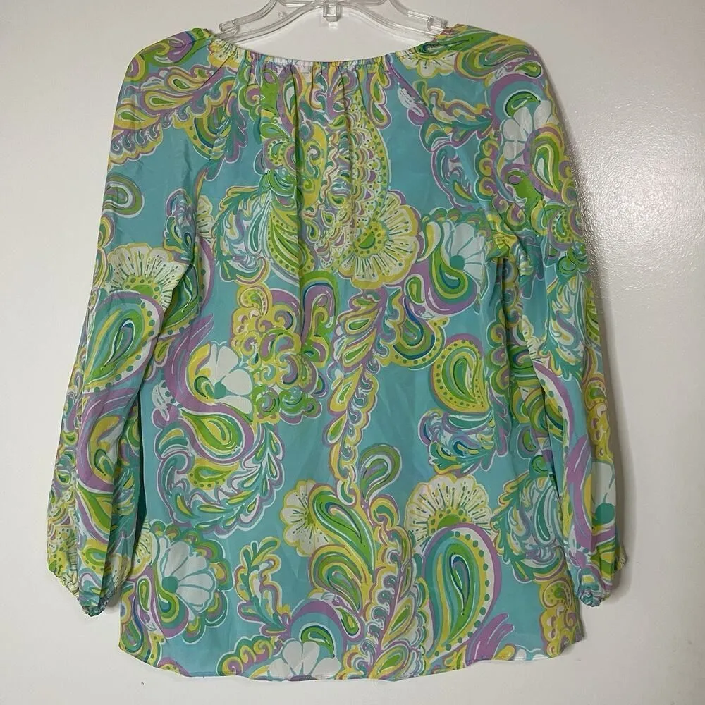 Lilly Pulitzer Sarabeth floral blue green paisley silk blouse top XS - Image 4