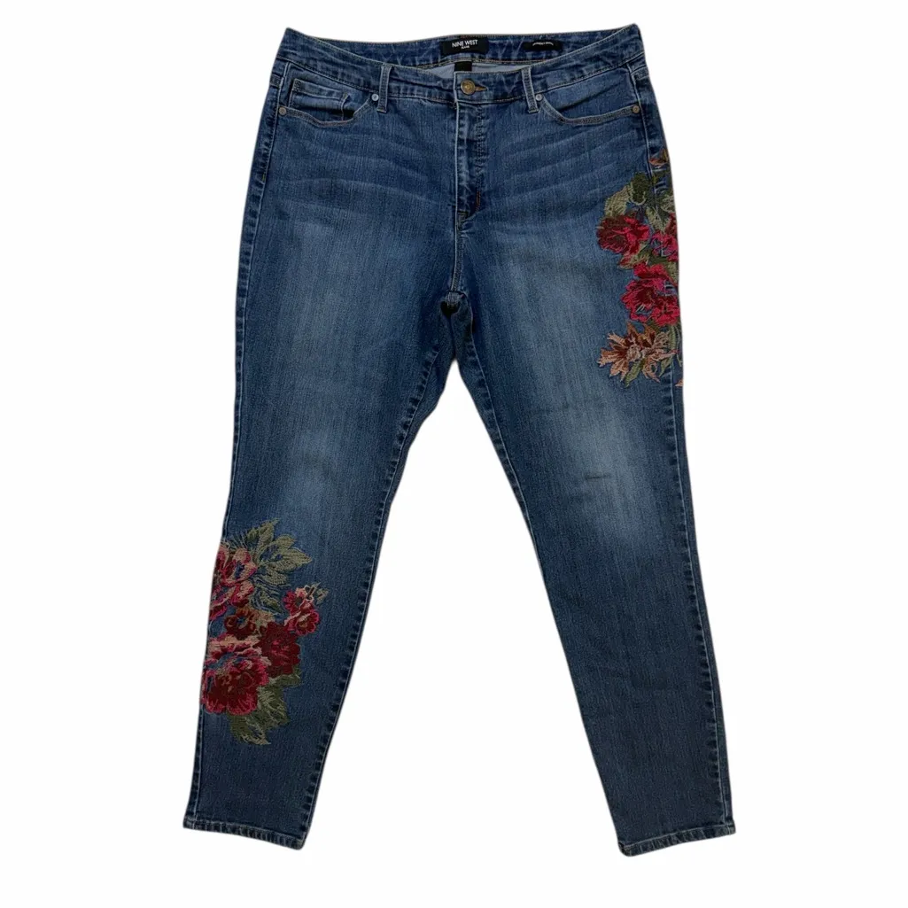 Nine West Gramercy Skinny Jeans Floral Embroidered Dark Wash Size 14 Boho Y2K - Image 2
