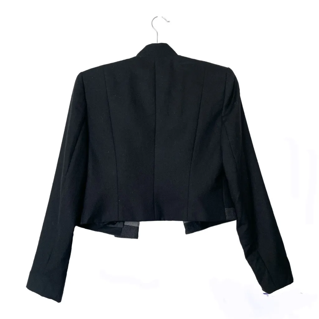 Alberto Makali Wool Cropped Open Front Black Blazer Jacket Leather Trim Size 6 - Image 7