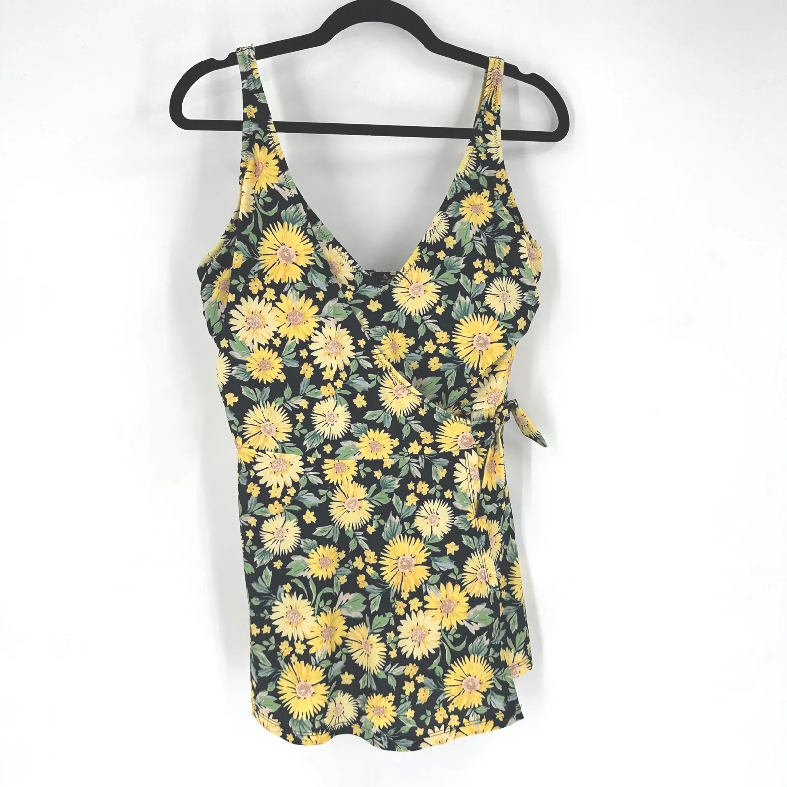Old Navy Women Floral Wrap Swim Dress One Piece Black Yellow Sunflowers Size L - Image 3