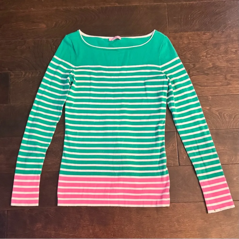 Lilly Pulitzer Green, Pink and White Striped Maria Boatneck Top - Image 3