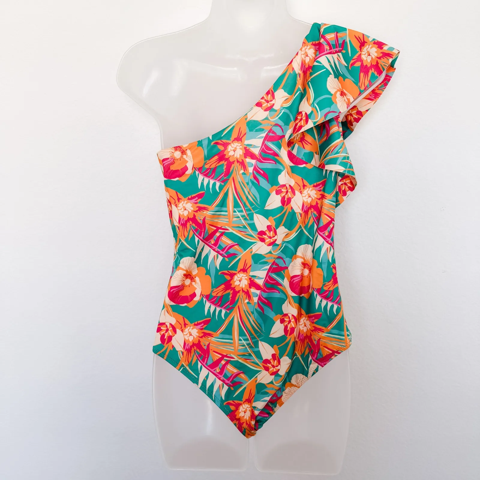 NWT Maree Maree One Shoulder Floral Print Ruffle Swimsuit US 8 Tropical Resort Green - Image 4