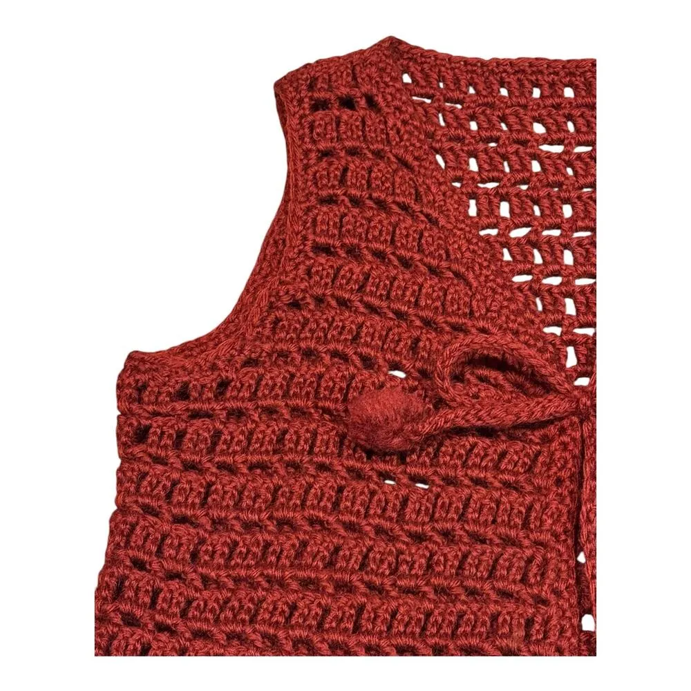 American vintage handmade crochet sleeveless wine vest, pom pom tie size small - Image 8