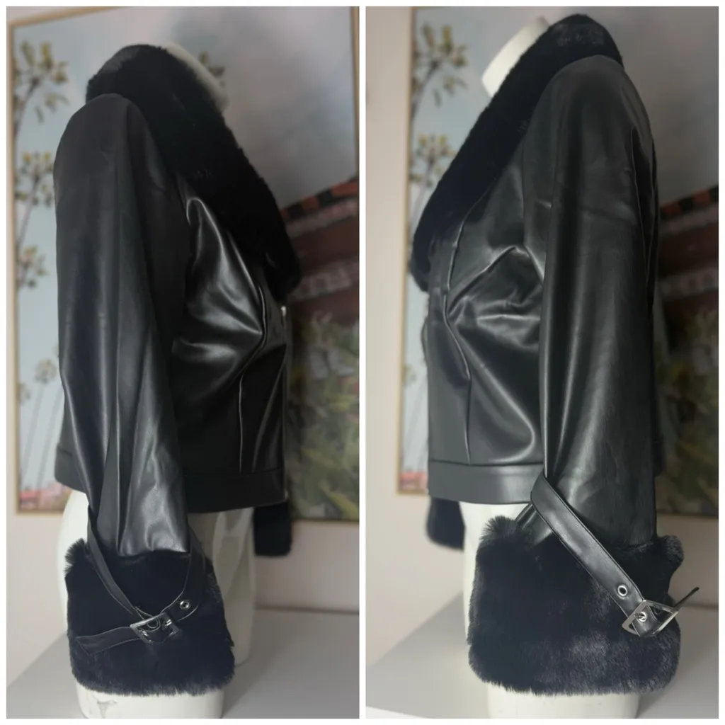 Savage Love Black Faux Leather Jacket Faux Fur Shawl Collar Zip Up XL - Image 11