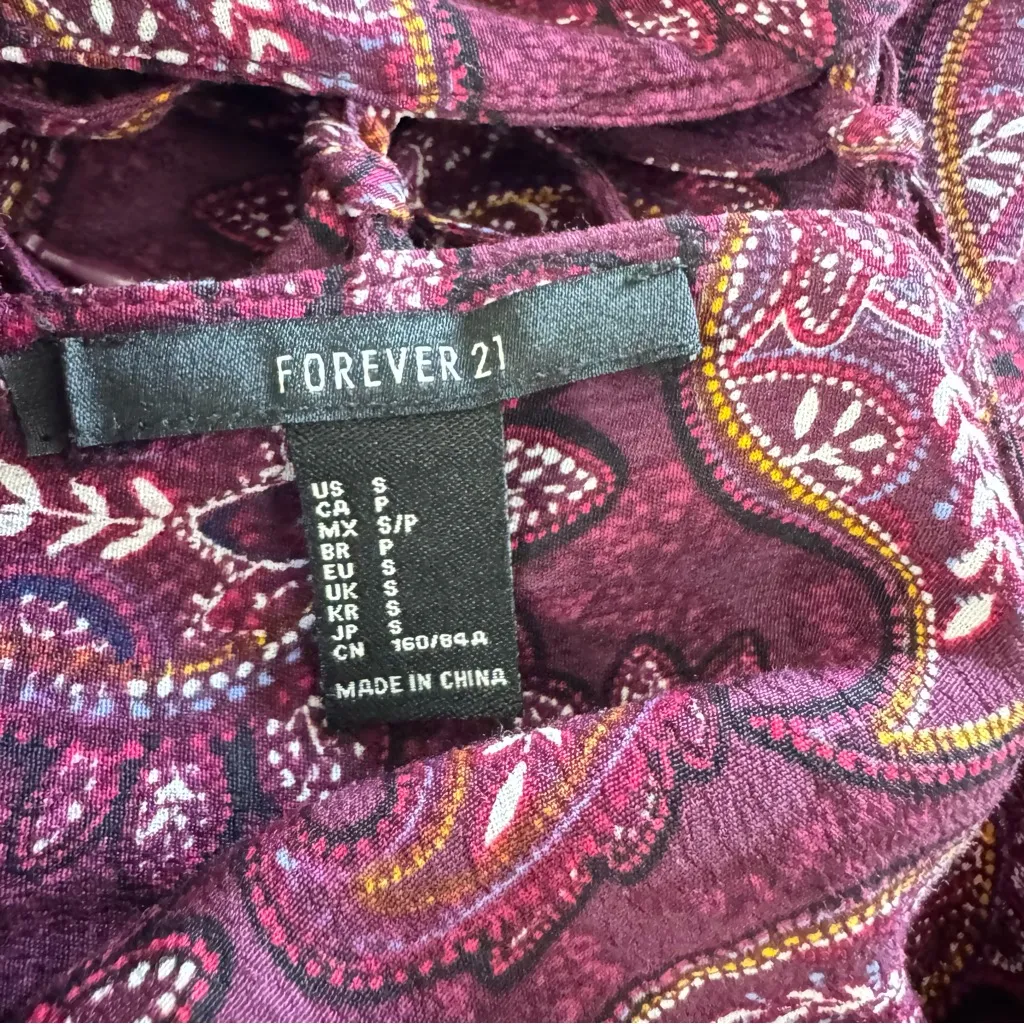 Forever 21 Burgundy Paisley Lace-Up Mini Dress | Boho Festival | Size S - Image 8