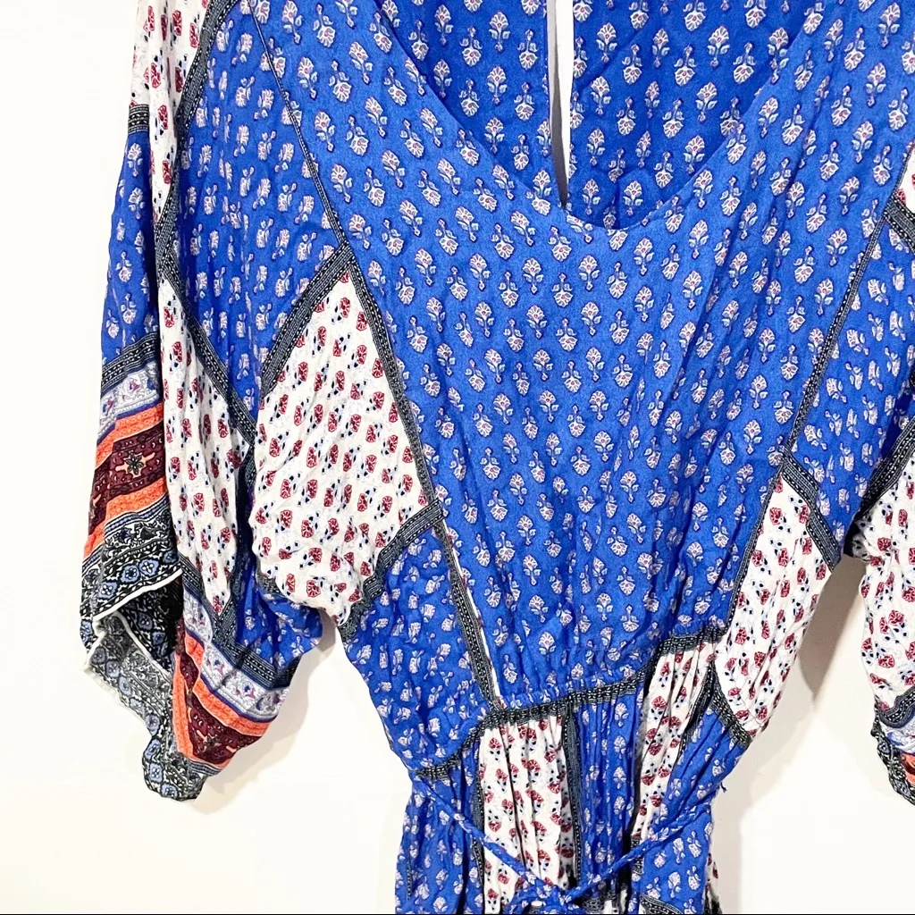 American Eagle Size‎ Small Blue Patchwork Boho Cinched Waist Belted Dress - Image 3