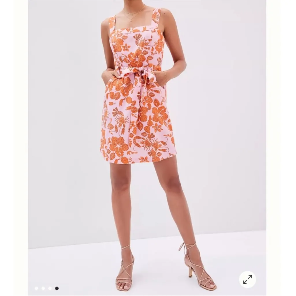 Farm Rio floral lobster print pink & orange linen blend mini dress - Image 2