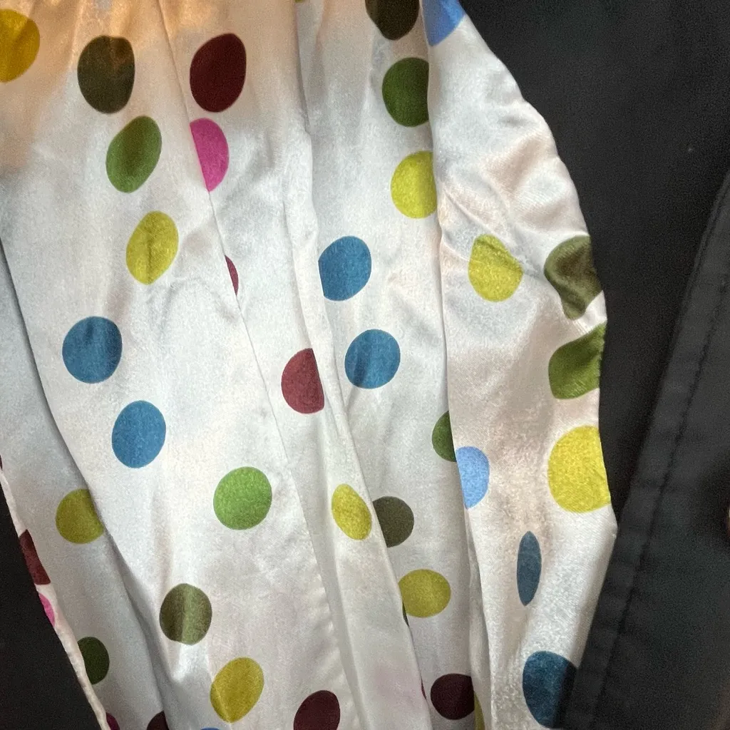 Dennis Basso Black Trench Coat with White Accents Polka Dot Liner Classic XS-S - Image 10