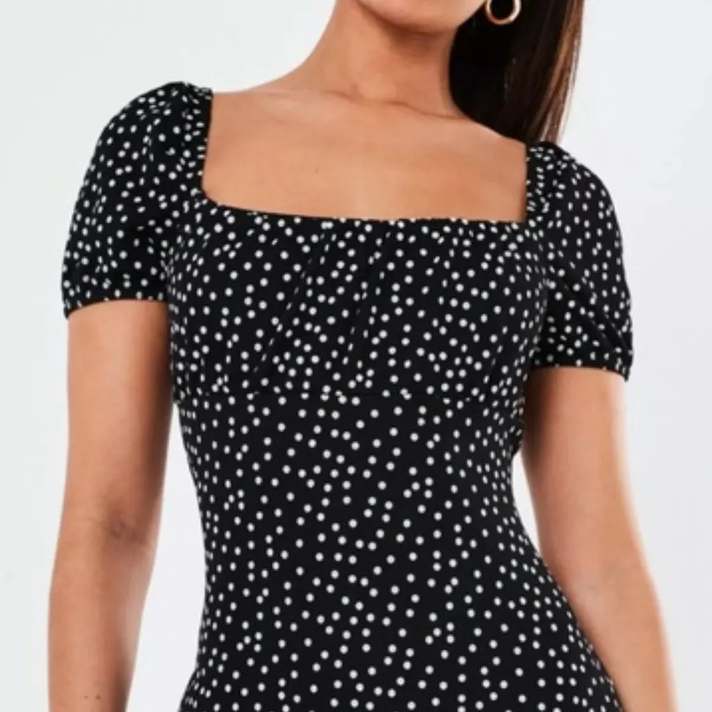 90's Black White Polka Dot Puff Sleeve Milkmaid Mini Dress 6 Girly - Image 2