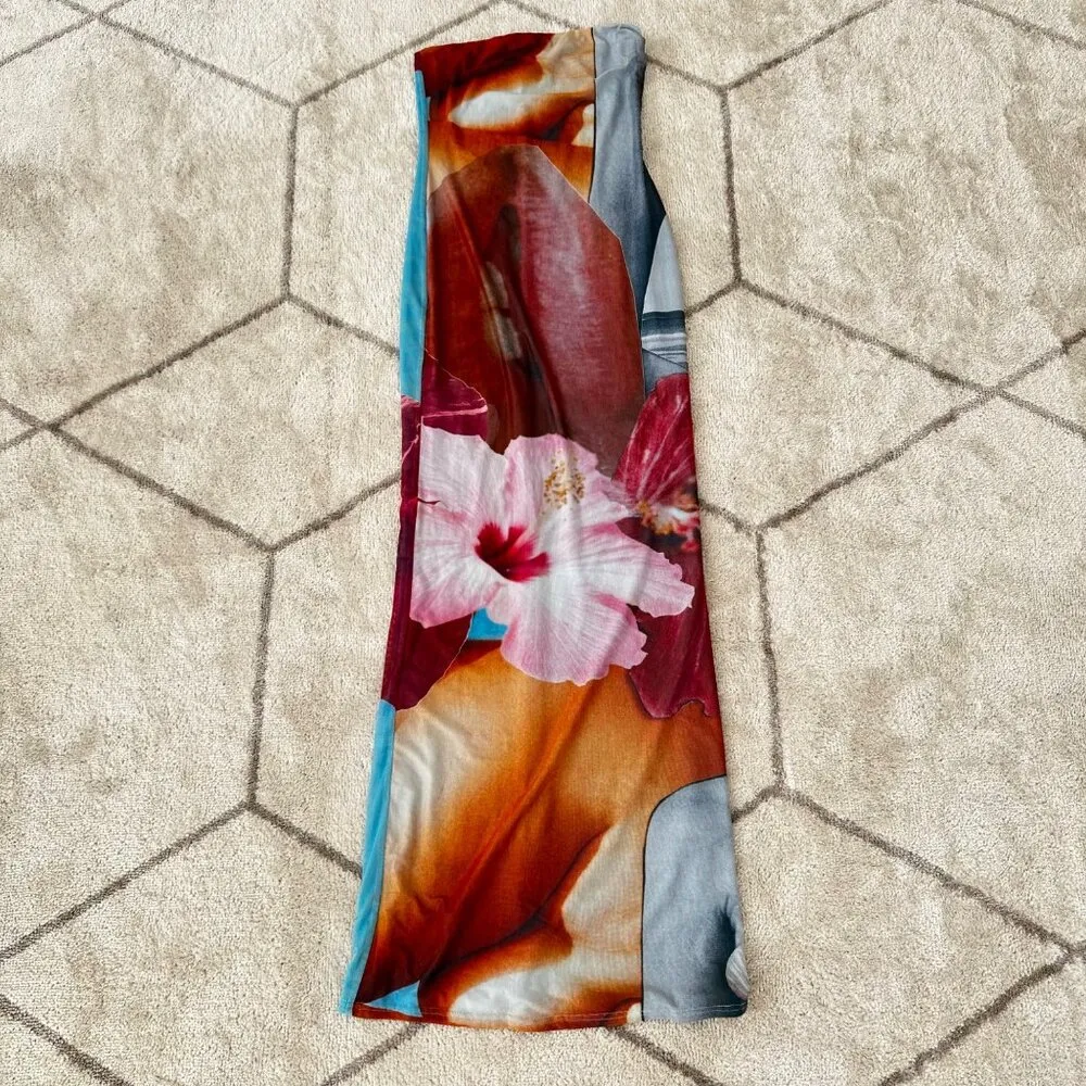 Tiger Mist Blue Floral Stretch Sleevless Graphic Bodycon Maxi Dress Sz Med - Image 3