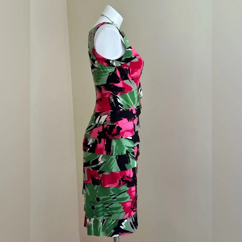 London times pink red Green Black Body con Dress SZ 4 Strips of layered … - Image 4