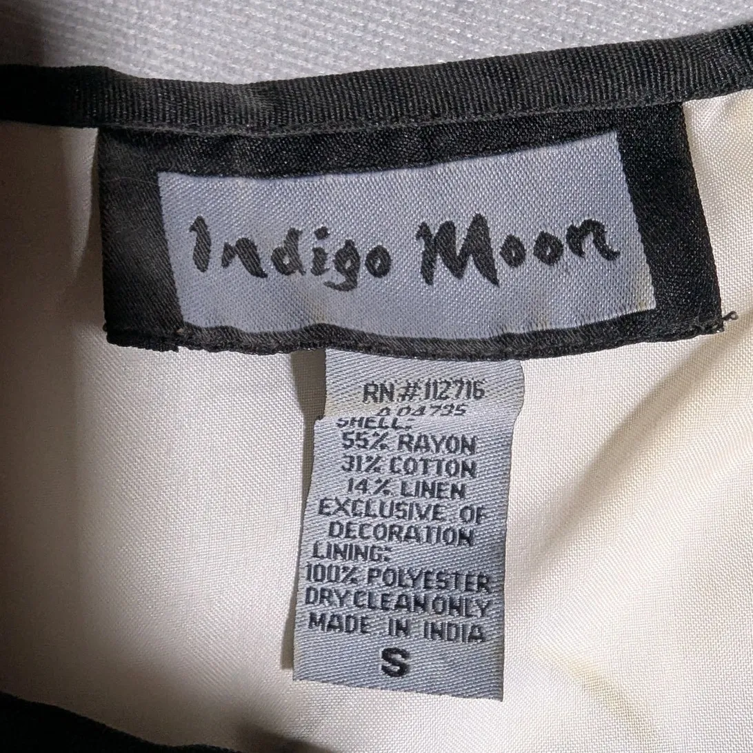 Vtg Y2K Indigo Moon Ivory Pink Floral Applique Black Piping Collarless Jacket S - Image 4