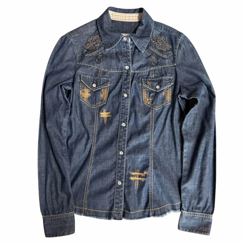 Guess Y2K Denim McBling Button Down Shirt Size Large - Image 2