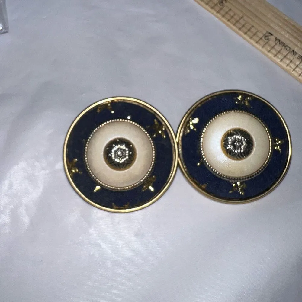 Vintage Material Covered Button Clip Earrings Blue - Image 2