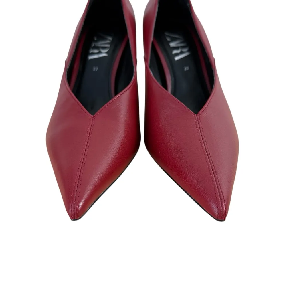 ZARA Red Pointed Toe Heels Pumps Leather Blogger Favorite Sz 37EU 6.5US - Image 5