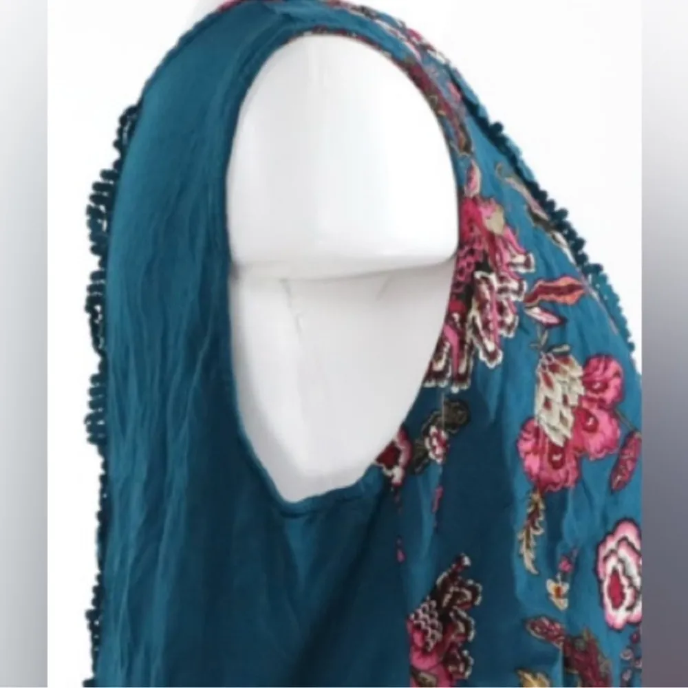 Daniel Rainn Floral Sleeveless Blouse. Keyholes Front & Back - Teal and Pink - Image 4