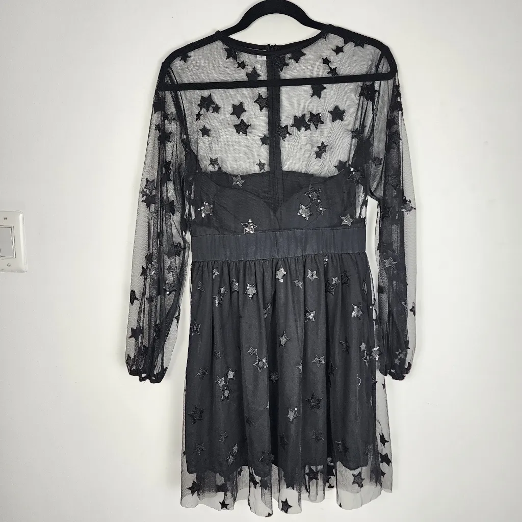 Women Sequin Star Print Black Tulle Dress Mesh See - Image 6