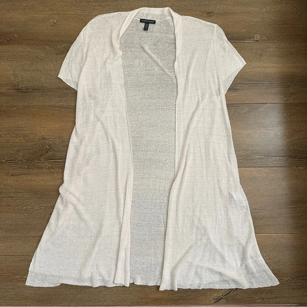 Hemp Cap Sleeve Sheer Long Open Cardigan in Opal Cream Size Large - Image 2