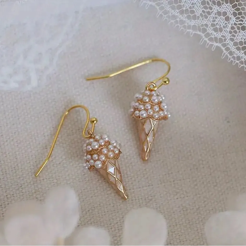Gold Pearl Ice Cream Cone Earrings - Image 3