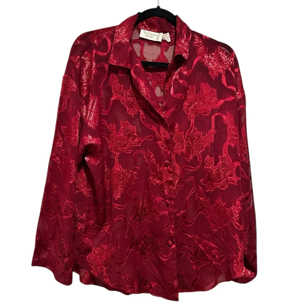 Victoria's Secret Vintage Satin Red Floral Button Down Burnout Sheer Shirt M - Image 2