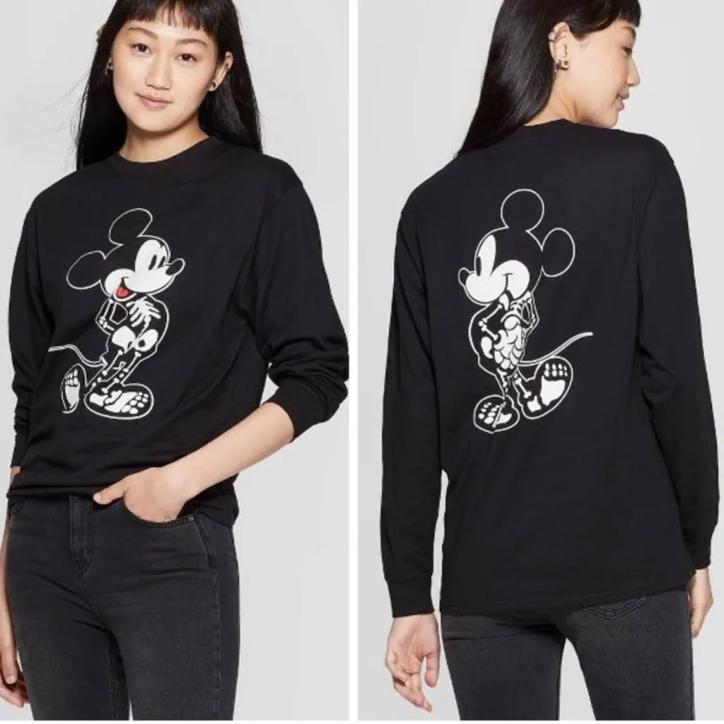 Disney Mickey Mouse Halloween Skeleton X-Ray Long Sleeve Tee Shirt Black Large - Image 2