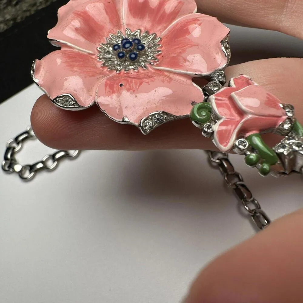 Trifari Philippe Rue de la Paix Pink Flower Rhinestone Enamel Necklace ForRepair - Image 7