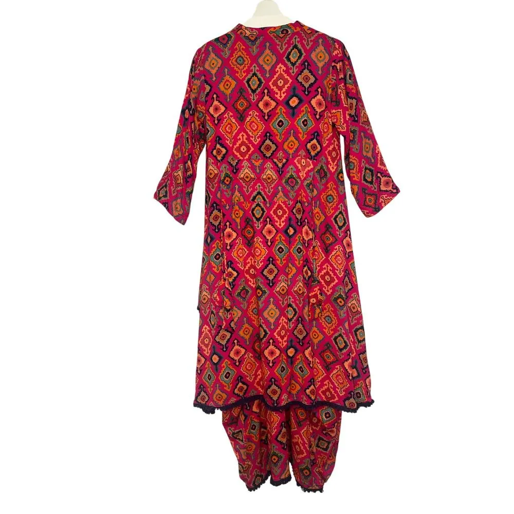Made In India Vibrant Kaftan Kurta Tiered Cotton Maxi Dress Farm Rio Style Pink Size M - Image 2
