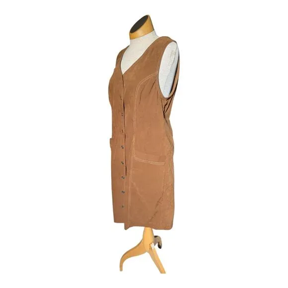Vtg 1990s Miss Dorby Camel Tan Faux Suede Button Up Overall Jumper Dress Sz 12 - Image 2