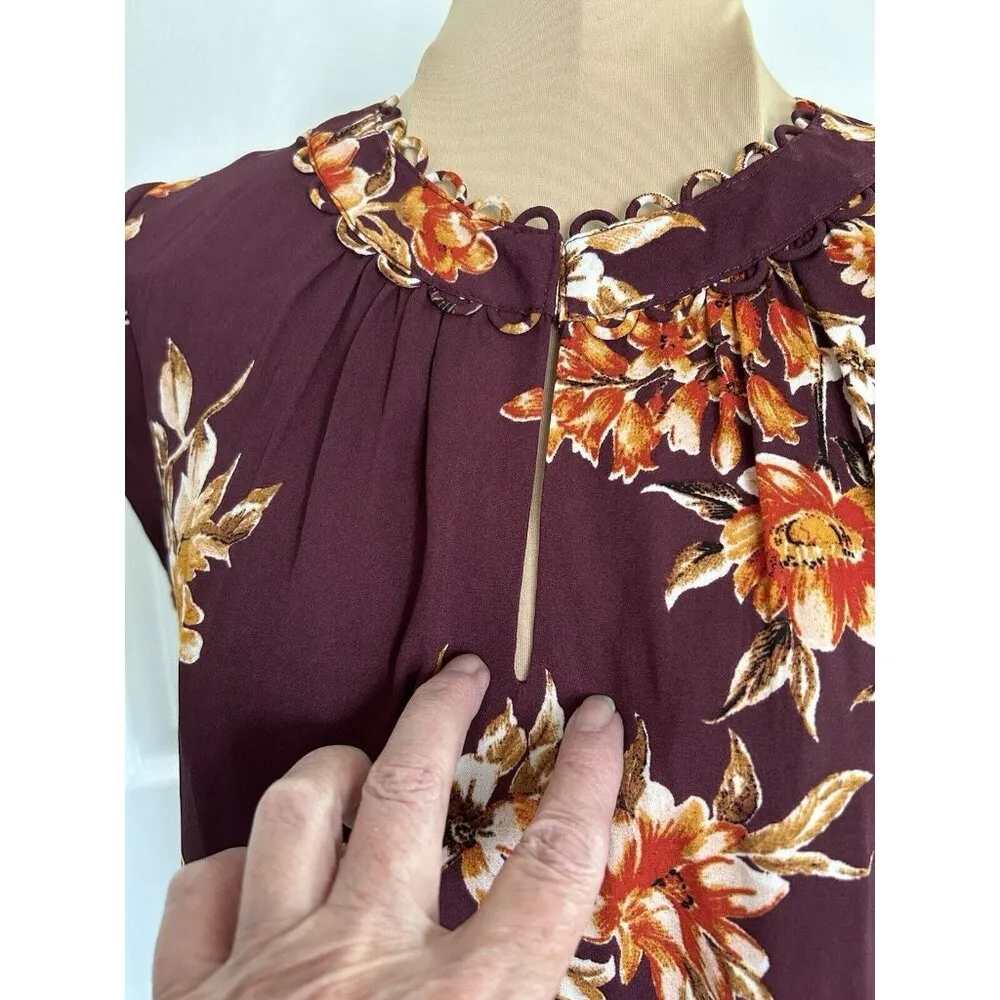 Daniel Rainn Stitch Fix Cap Sleeve Open Neck Burgundy Floral Semi Sheer Top PXS - Image 2