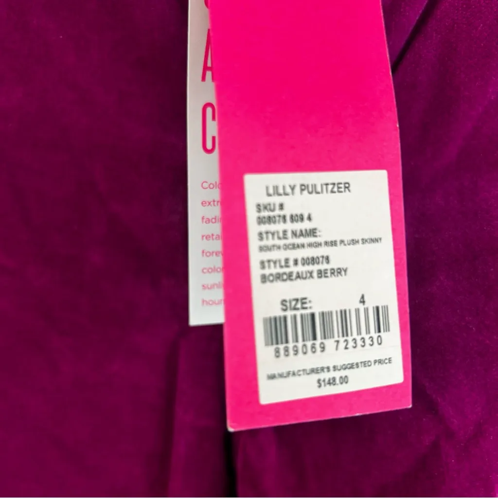 NWT Lilly Pulitzer South Ocean High Rise Plush Skinny Velvet Berry Pants Size 4 - Image 14