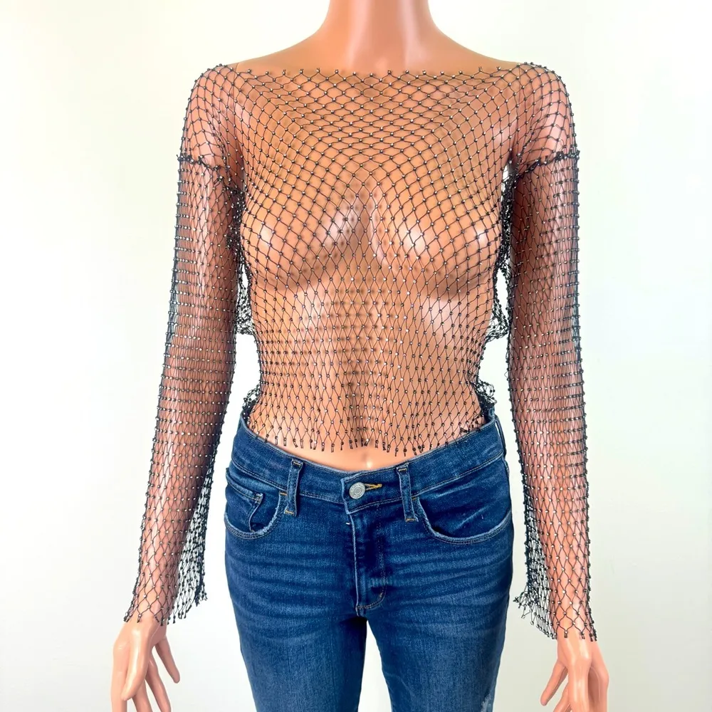 Women's Night Club Festival Party Bejeweled Mesh Crop Top Size Small Black - Image 2