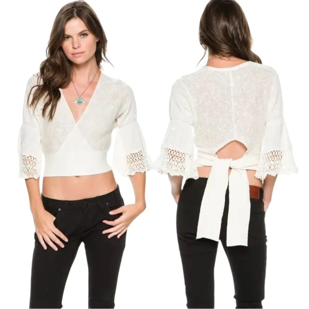 Free People Crochet Bohemian Ethereal Moonlight Crop Retro 70s Wrap Top Small - Image 3