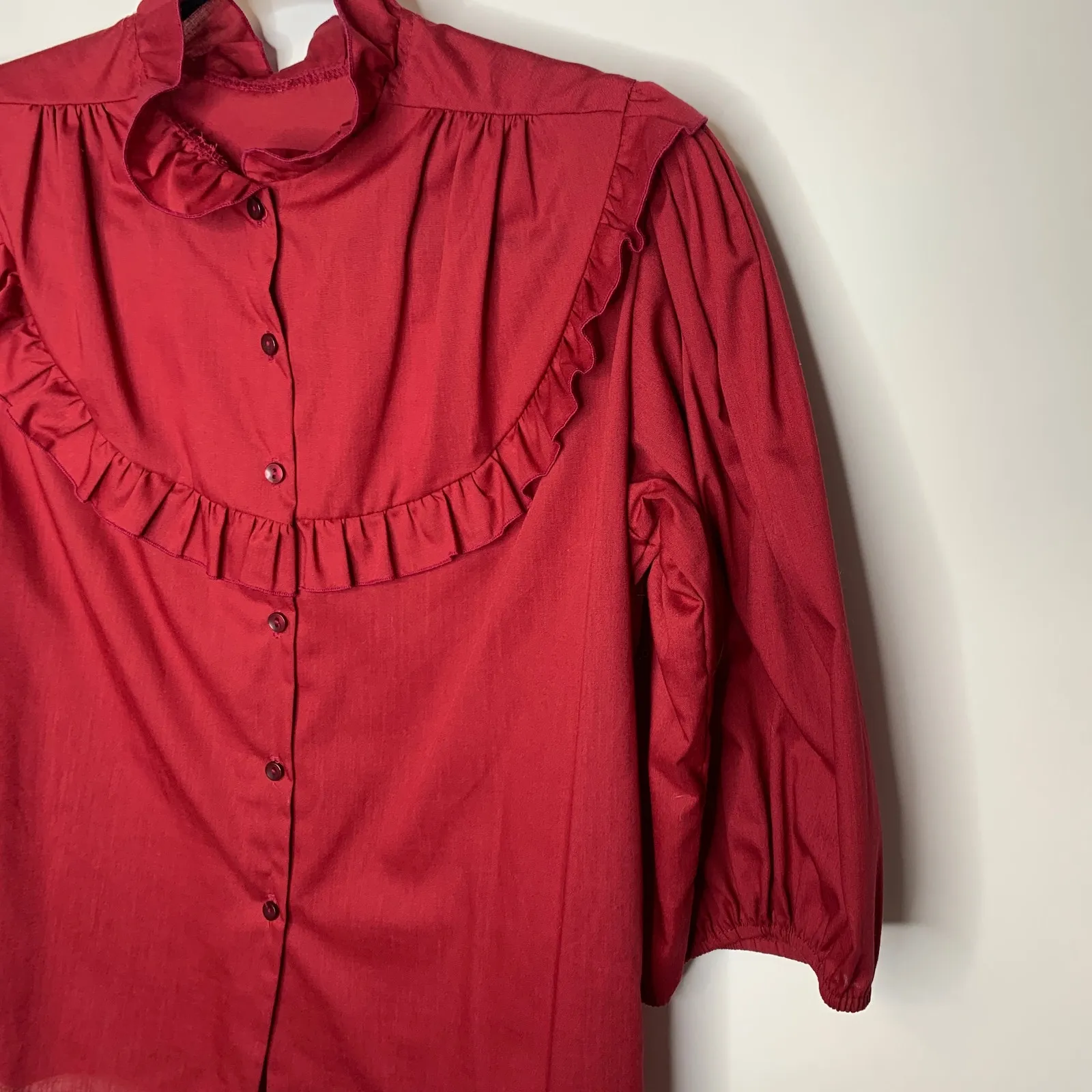 80s Vintage Burgundy Maroon Ruffle Peasant Boho Blouse Sz? Medium Red - Image 10