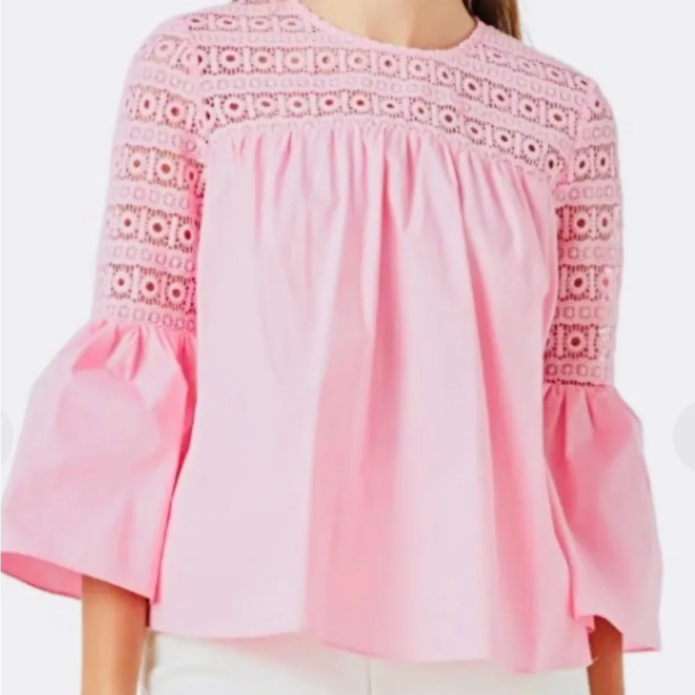 Endless Rose Pink Lace Poplin Bell Sleeve Blouse Large TJ027T - Image 3