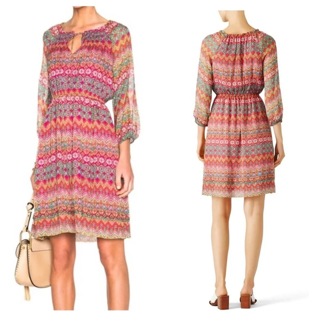 Diane Von Furstenberg Parry 100% Silk Mini Dress Size 0 Red Chevron Boho Print - Image 13