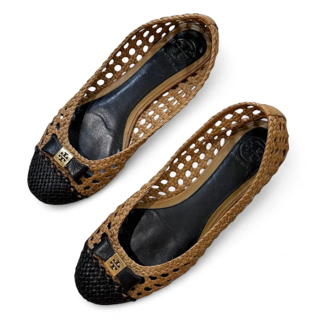 Tory Burch 6 Carlyle Woven Leather Ballerinas Ballet Flats Black Tan Logo Bow - Image 4