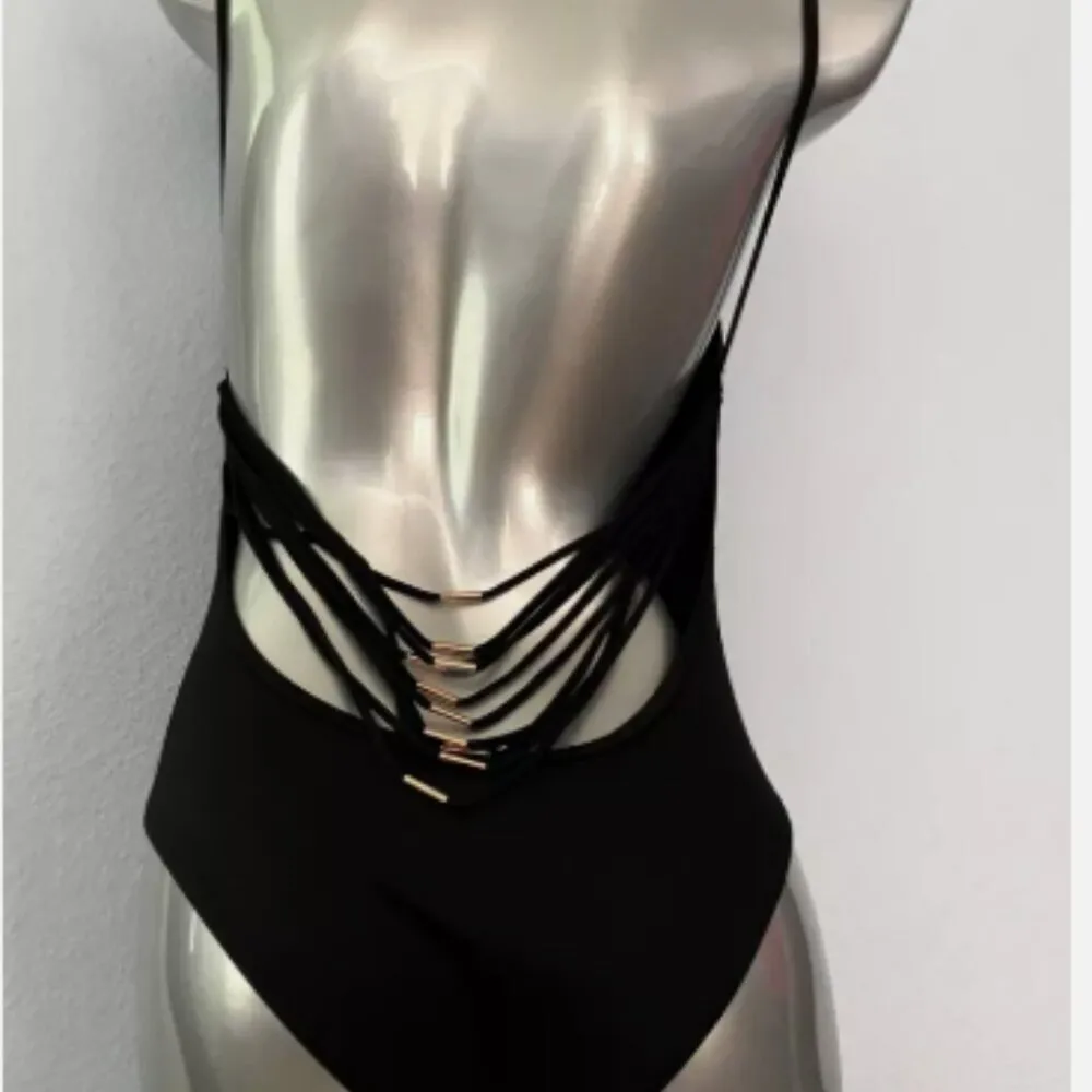 Victorias Secret  Low Strappy Back Black Sexy One Piece Swim Suit; size L - Image 2