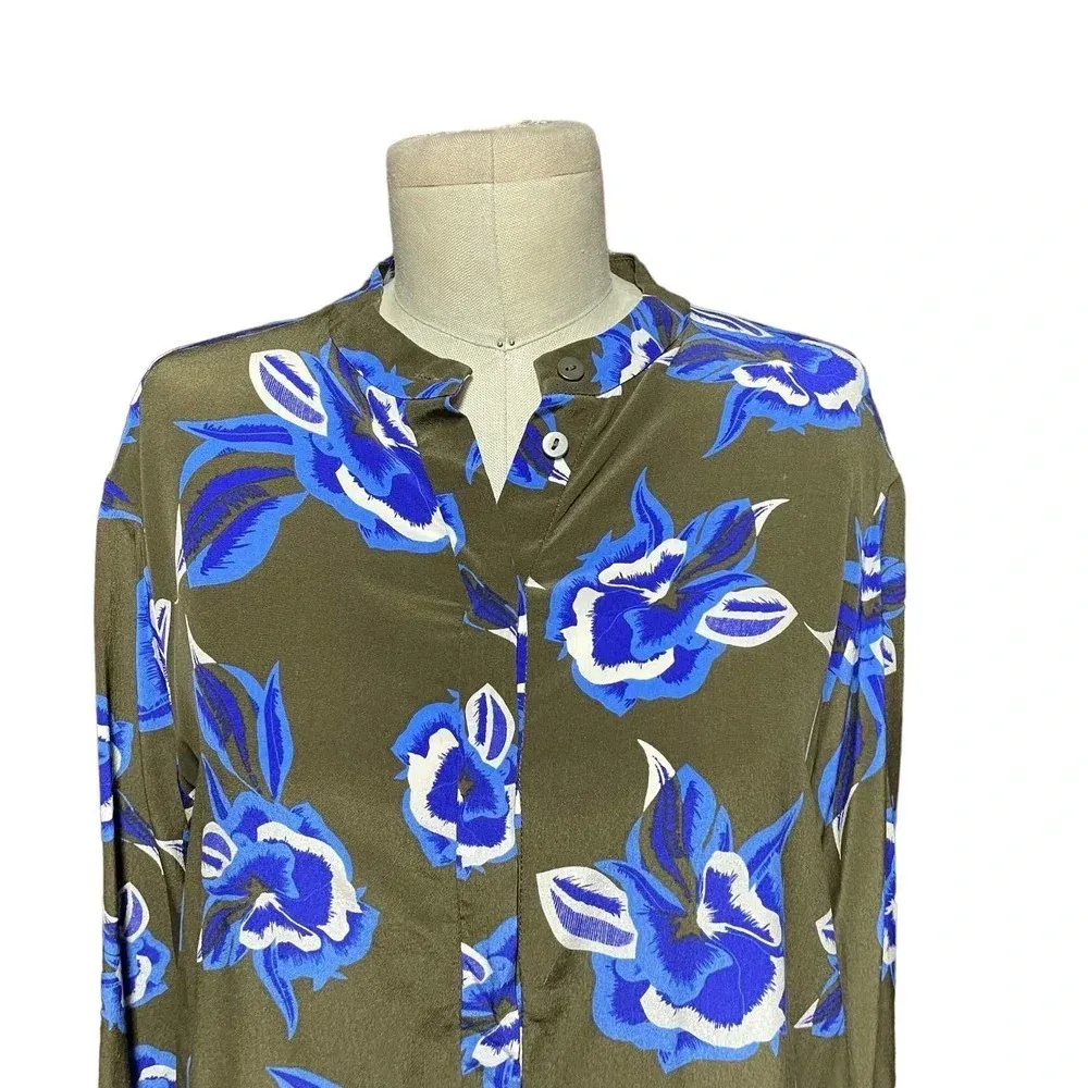 Diane‎ Von Furstenberg Green Blue Floral Button-Up Long Sleeve Silk Top Size XS - Image 2