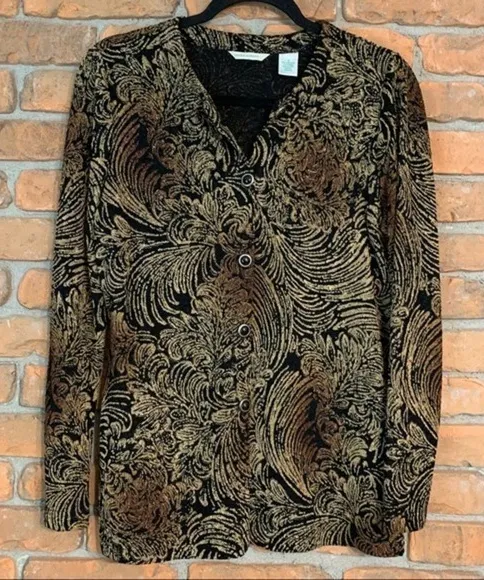 Laura Ashley Jacquard Feather Print Button Down Knit Blouse Black Gold - Size S - Image 1