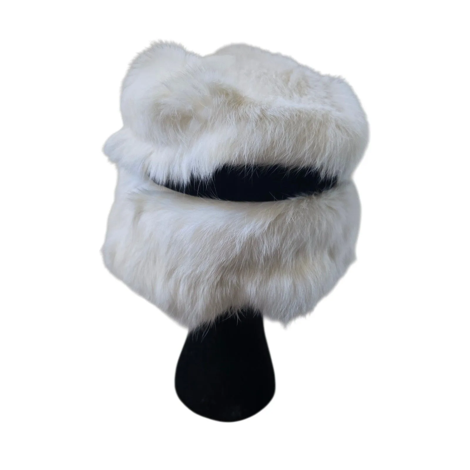 Vintage Brentshire White Rabbit Fur Hat Bucket Black Ribbon Women Size XS Luxury - Image 4