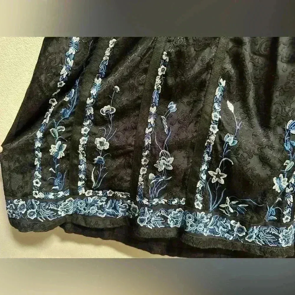 French Connection Black Embossed Brocade Blue Embroidered Floral Dress - Image 5