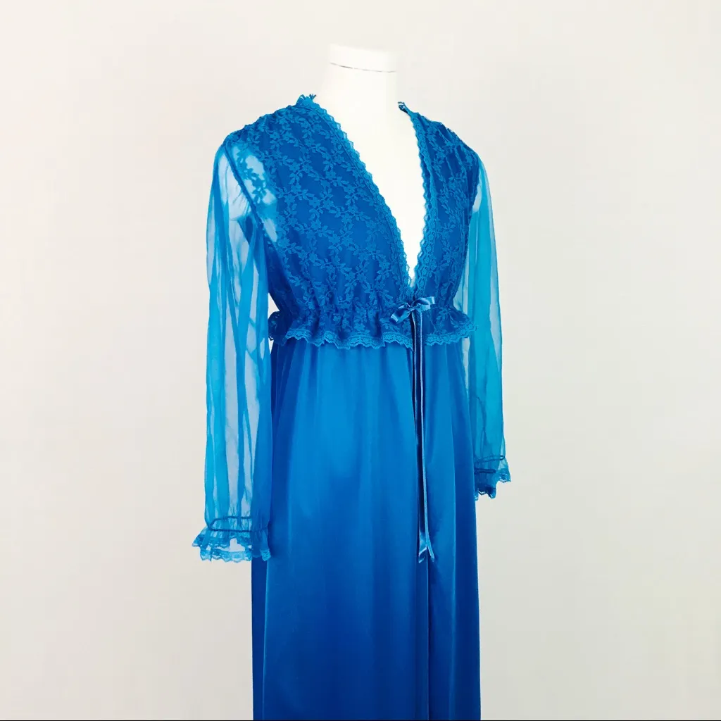 Vintage 90’s Lace Nightgown + Robe in Cerulean Blue | Size M Size M - Image 9