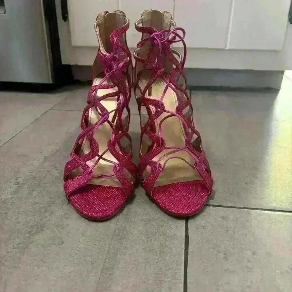 Belle by Badgley Mischka Pink Fuschia Sparkly Glitter Strappy High Heels Size 10 - Image 3