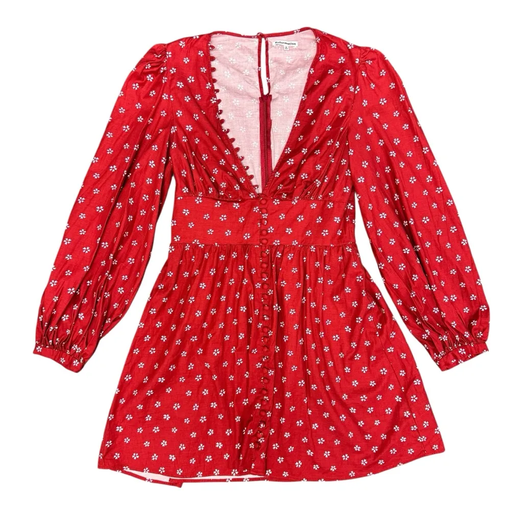 Reformation Caitie Long Puff Sleeve Mini Dress Deep V-Neck Floral Nigella Red 8 - Image 6