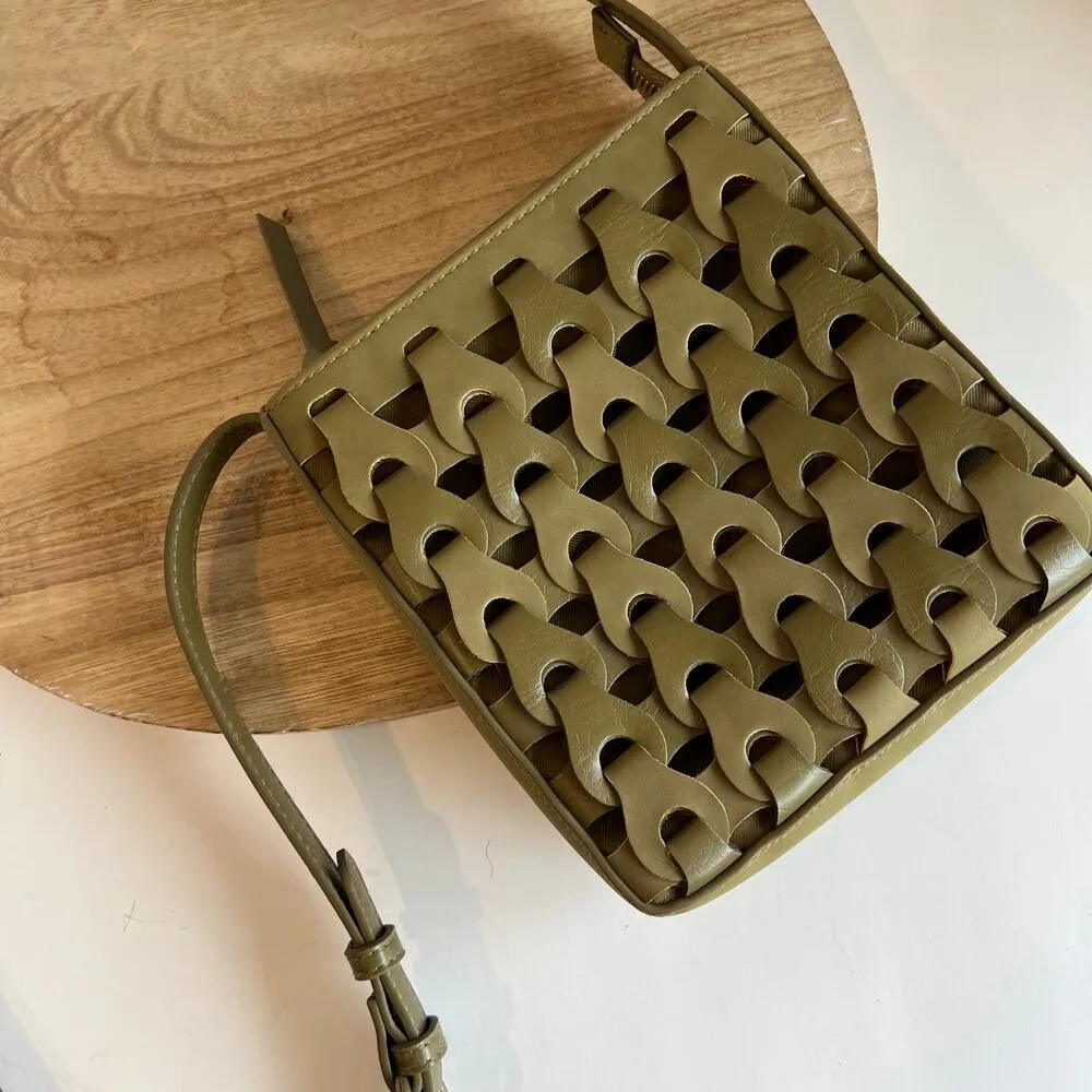 Green Woven Weaved Square Small Vegan Leather Crossbody Bag - Image 2